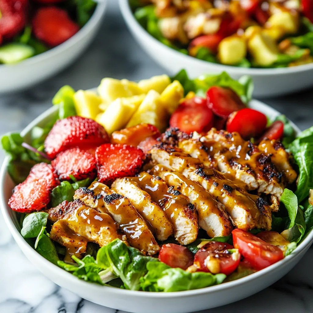 A bowl of food with chicken, strawberries, tomatoes, and lettuce.