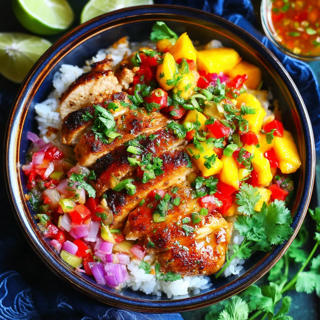 A bowl of chicken with peach salsa.