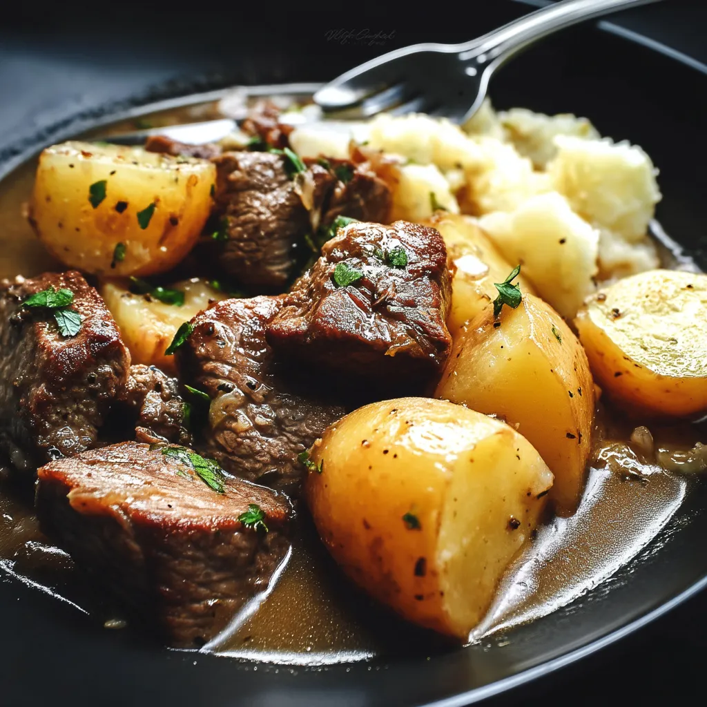 A close up of a crockpot loaded with steak and potatoes.