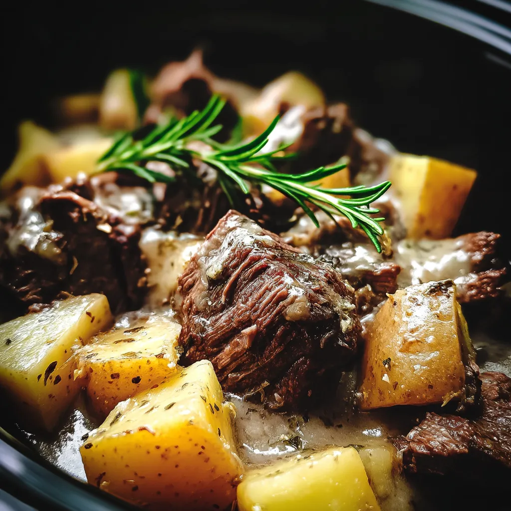 A crockpot filled with steak and potatoes.