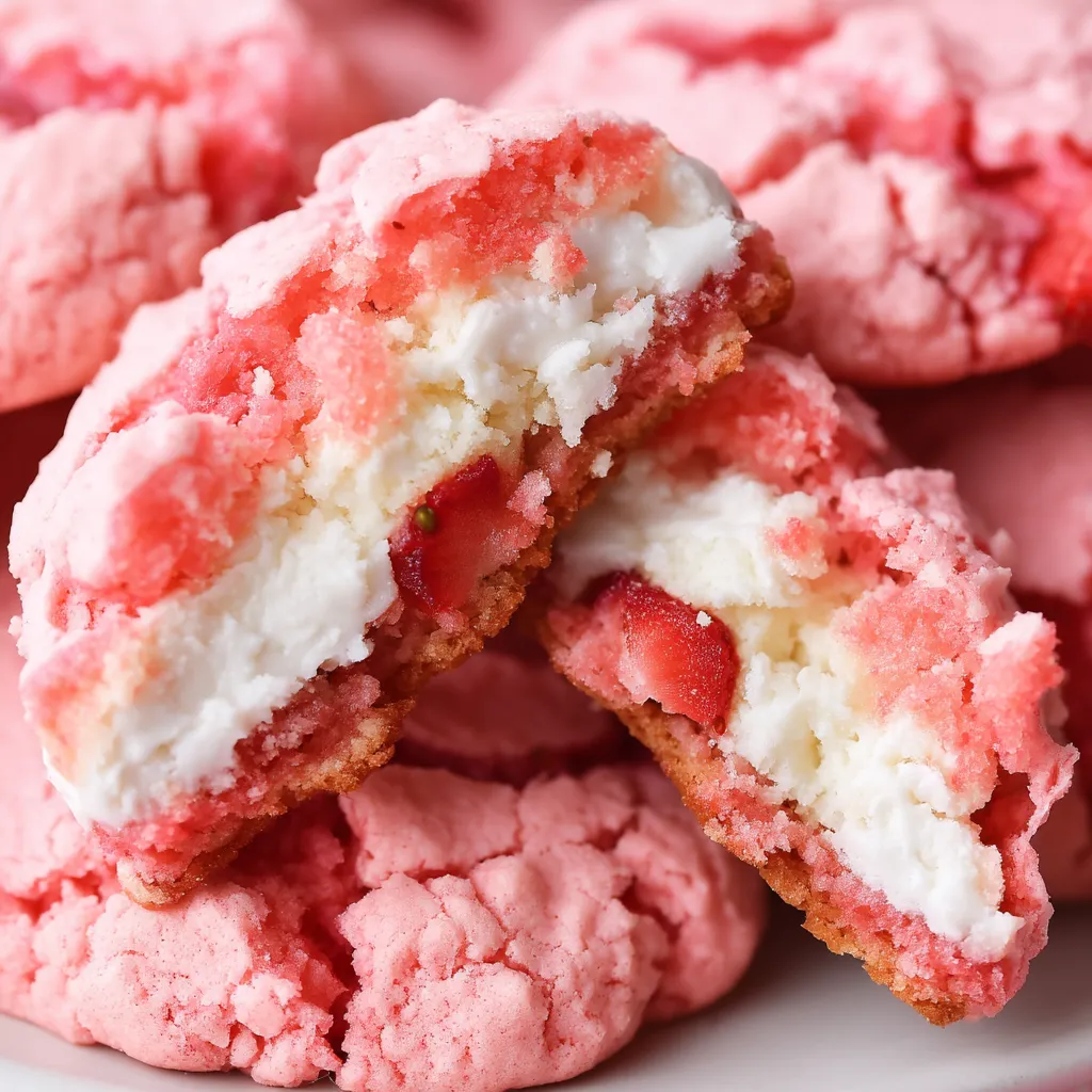 A close up of a strawberry cheesecake cookie.