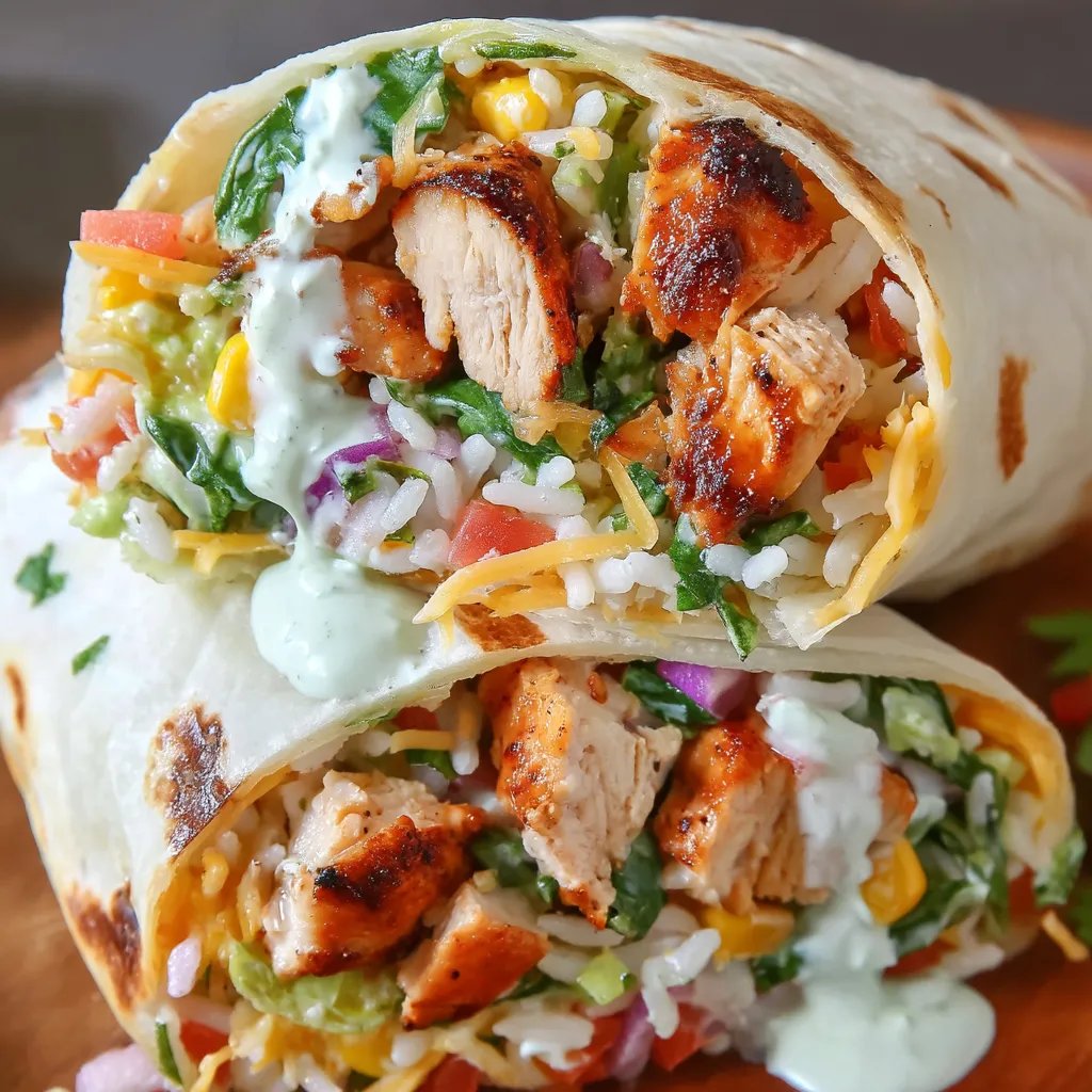 A burrito filled with grilled chicken and rice.