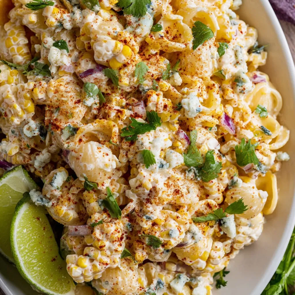A bowl of Mexican street corn pasta salad.