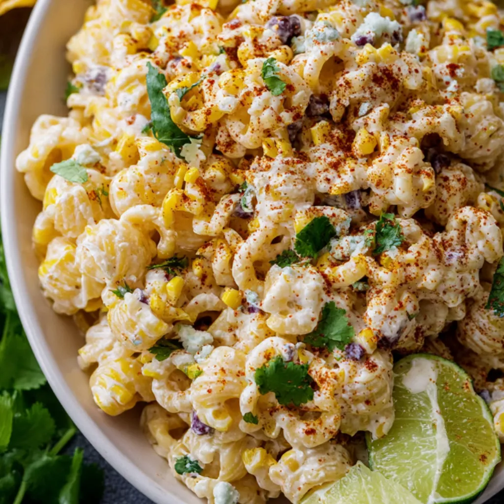 A bowl of Mexican street corn pasta salad.