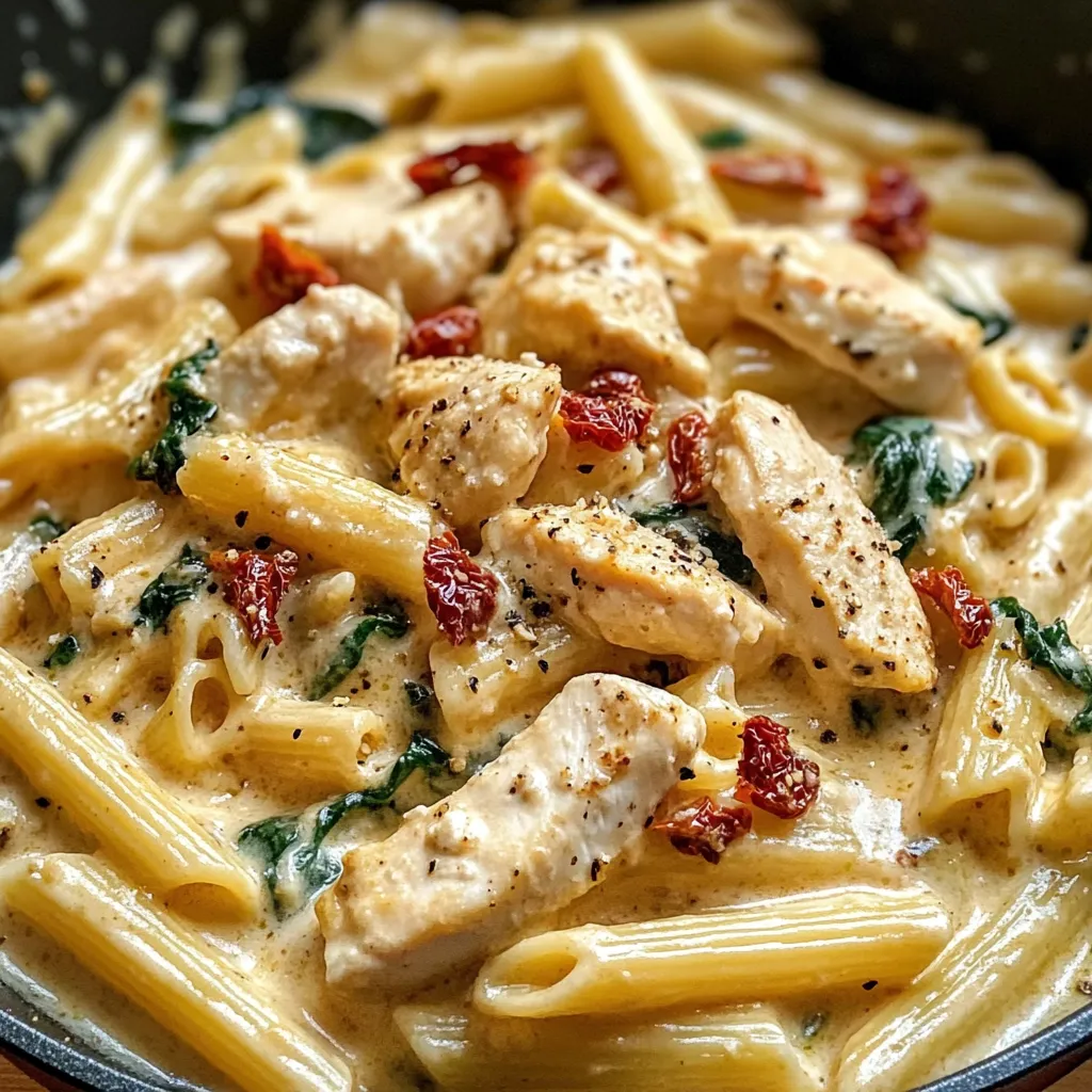 A bowl of pasta with chicken and cottage cheese.