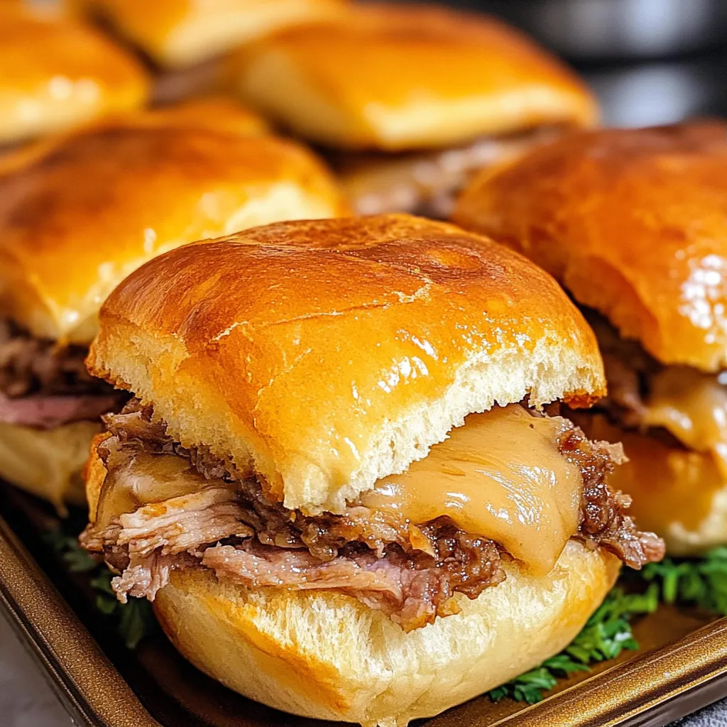 French dip sliders on a tray.