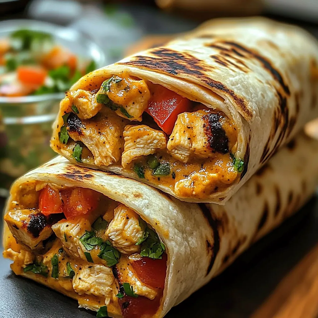 A burrito filled with chicken and tomatoes.