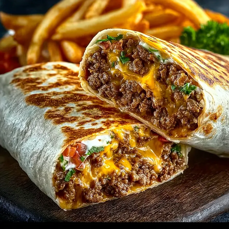 Two cheesy beef burritos with fries.