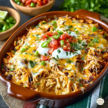 A bowl of Mexican chicken casserole with tomatoes and cheese.