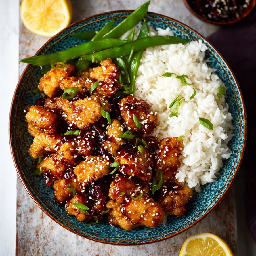 A plate of healthy sesame chicken with rice and lemon.