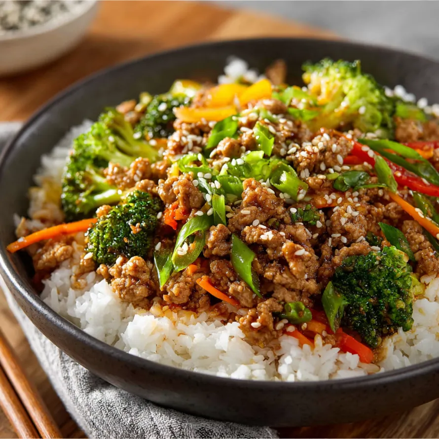 A bowl of ground turkey teriyaki stir fry.