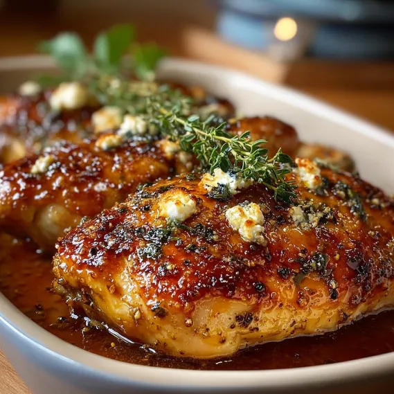 A plate of chicken with feta cheese and honey.