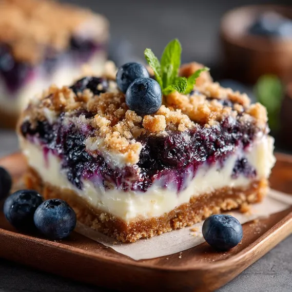 A slice of blueberry crisp cheesecake bars.