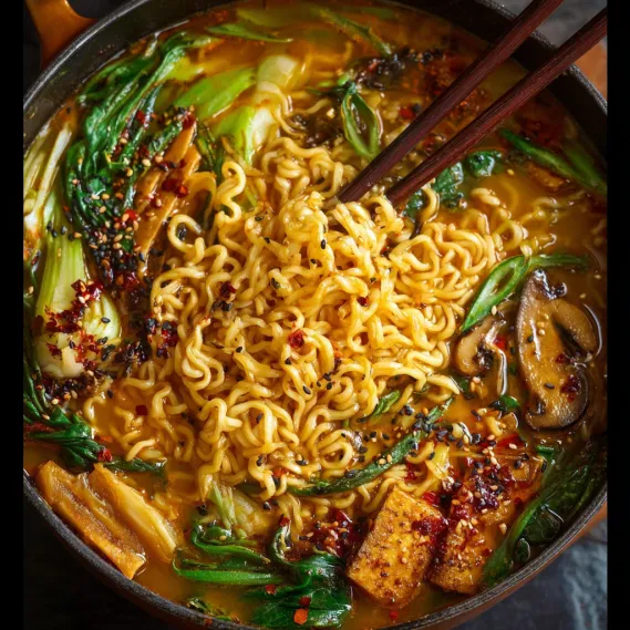 A bowl of noodles with vegetables and mushrooms.