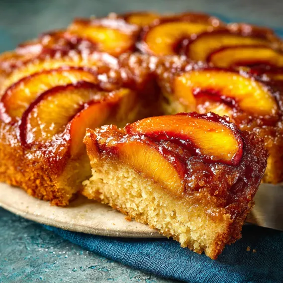 A slice of bourbon peach upside-down cake.