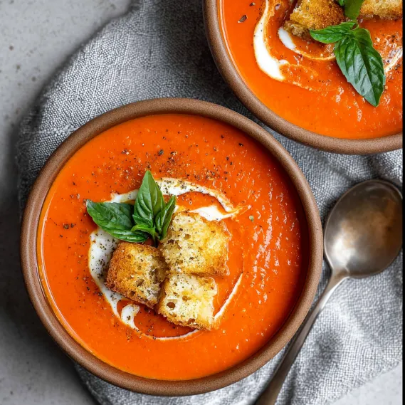 A bowl of tomato soup with a spoon in it.