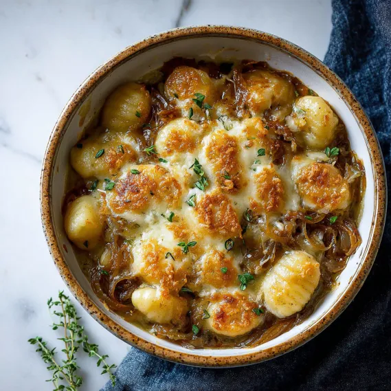 A bowl of baked French onion gnocchi.