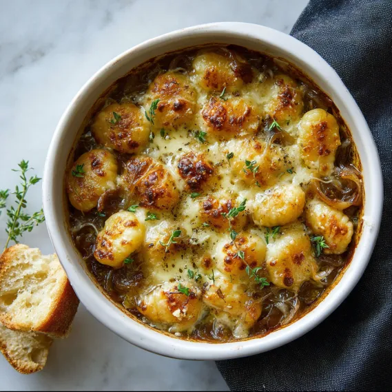 A bowl of baked French onion gnocchi.