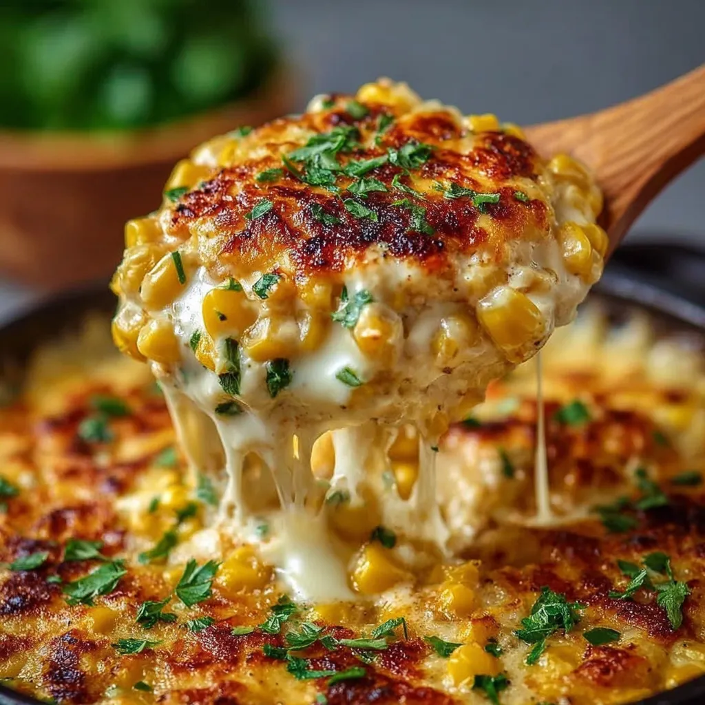 A spoon is being used to serve a delicious street corn chicken casserole.