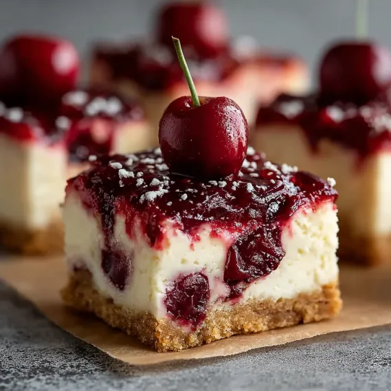 Cherry cheesecake bars with a cherry on top.