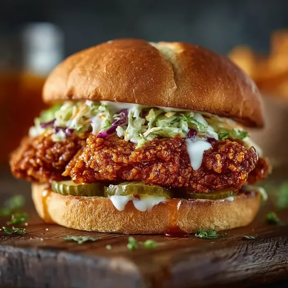 A baked Nashville Hot Chicken Sandwich with Honey.