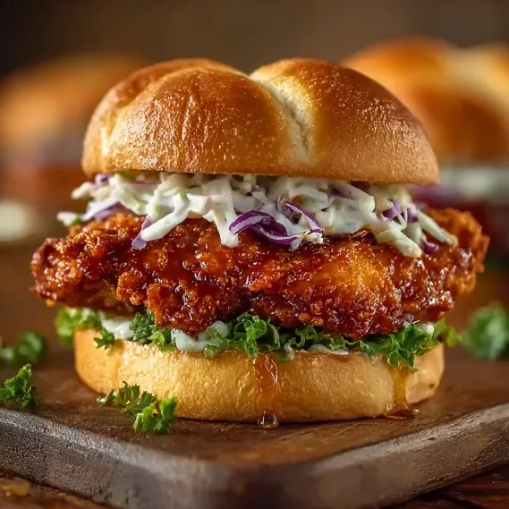 A baked Nashville Hot Chicken Sandwich with Honey.