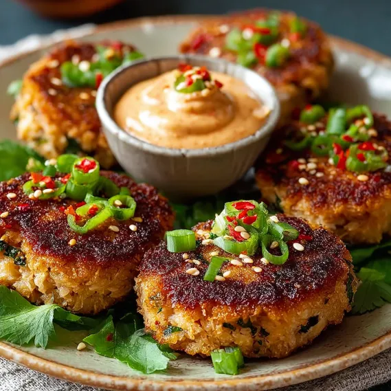 A plate of Asian tuna cakes with spicy mayo.