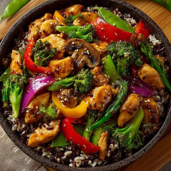 A colorful stir-fry with chicken, broccoli, peppers, and rice.