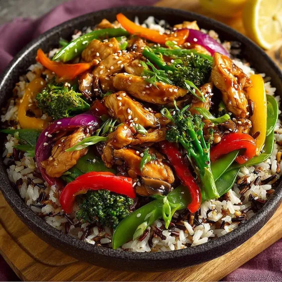 A colorful stir-fry with chicken, rice, and vegetables.
