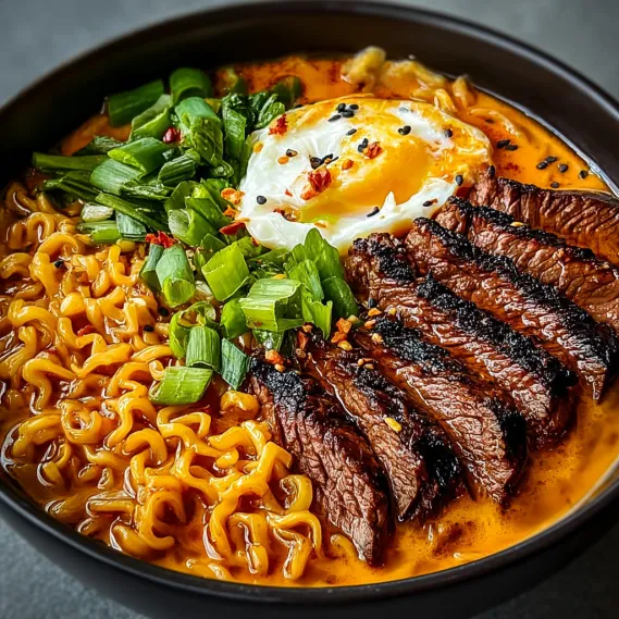 A bowl of spicy Korean ramen with grilled beef and creamy sauce.