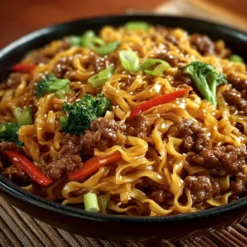 A plate of Mongolian ground beef noodles.