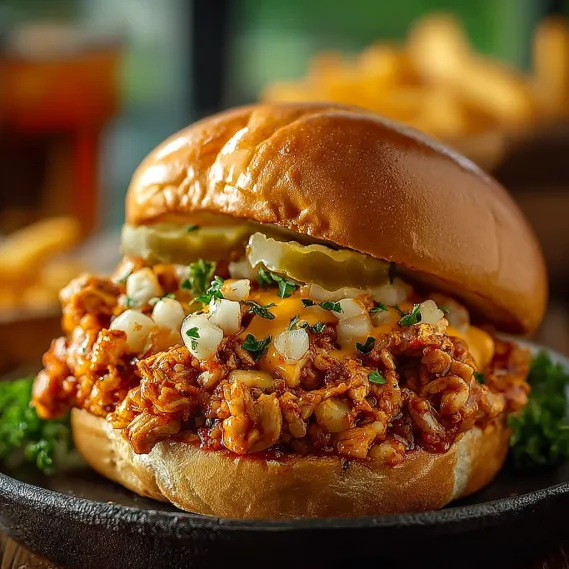 A Cajun Chicken Sloppy Joes sandwich with pickles and onions.