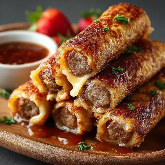 A plate of breakfast rolls with cheese and meat.