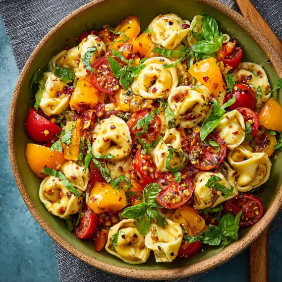 A bowl of pasta salad with tomatoes, spinach, and pasta.