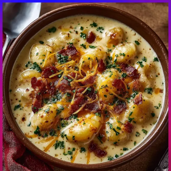 A bowl of soup with bacon and cheese.