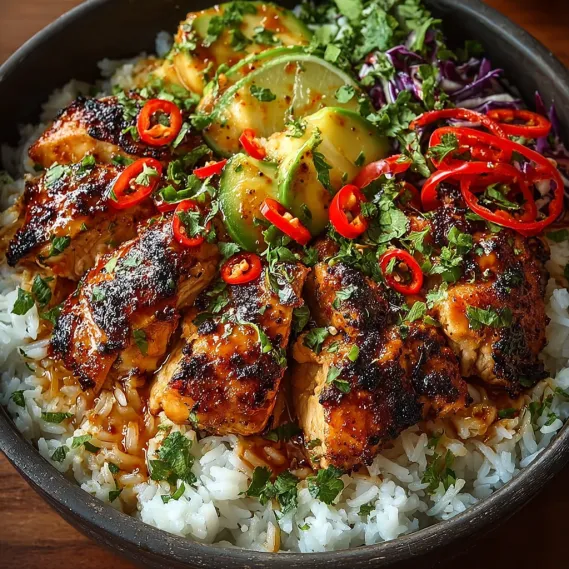 A bowl of spicy maple chicken and coconut rice.
