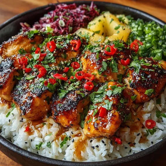 A plate of food with chicken, rice, and vegetables.