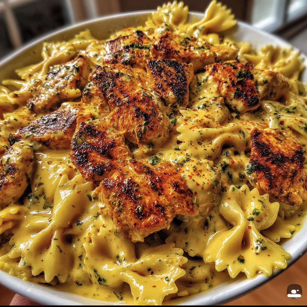 A plate of food with chicken, pasta, and sauce.