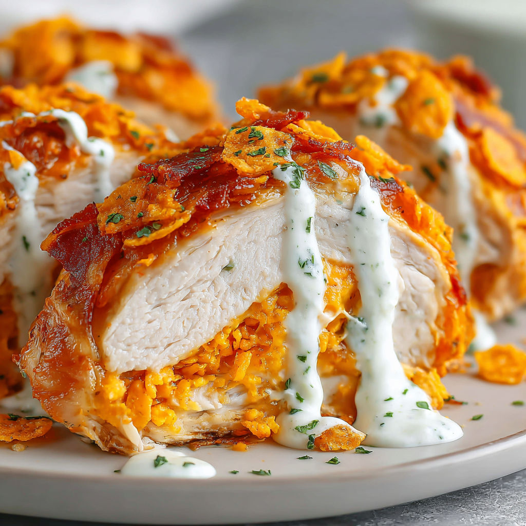 A plate of bacon-stuffed chicken with a creamy sauce.