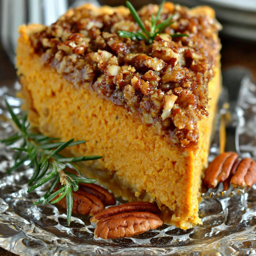A slice of cake with nuts on top.