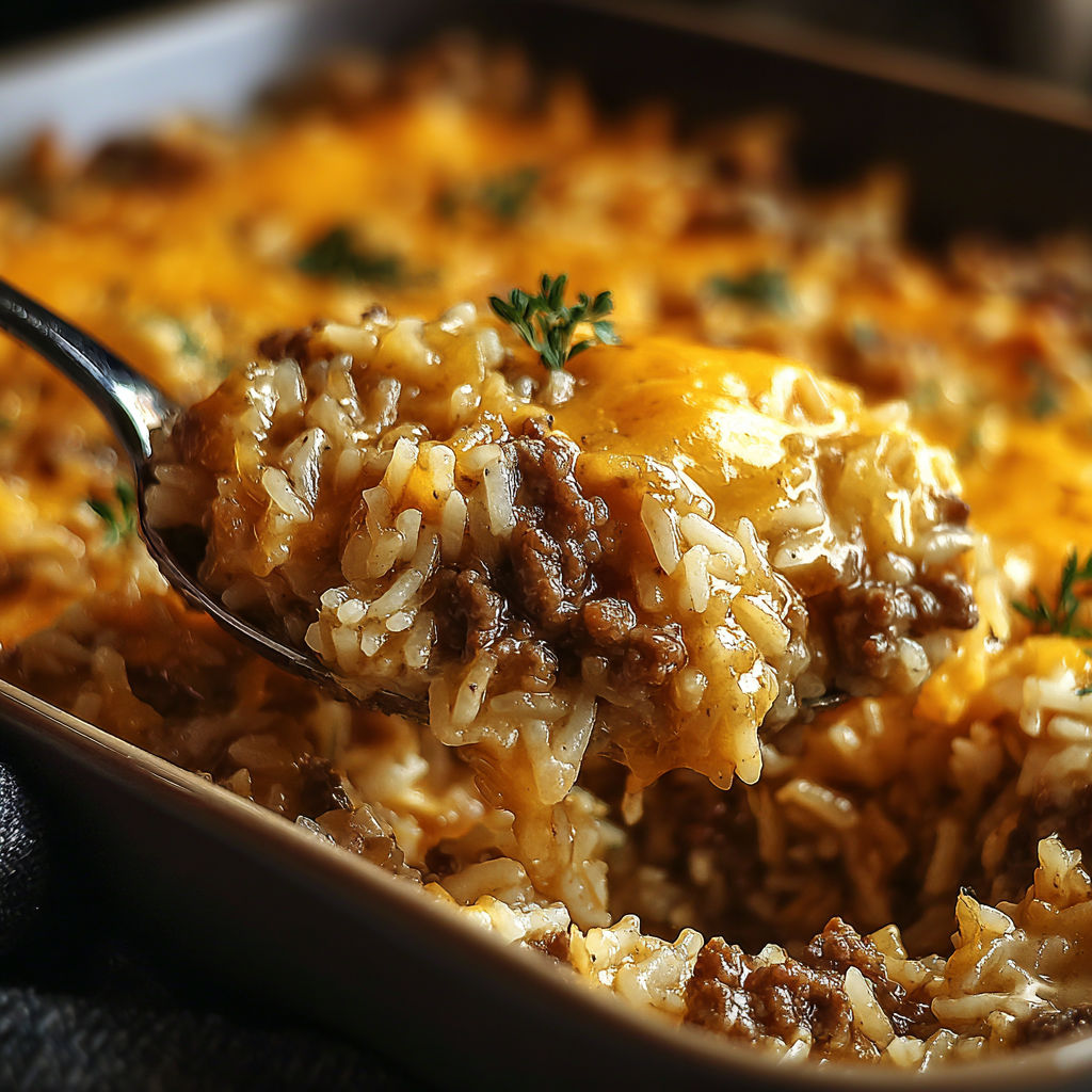 A fork is in a bowl of French onion ground beef casserole.