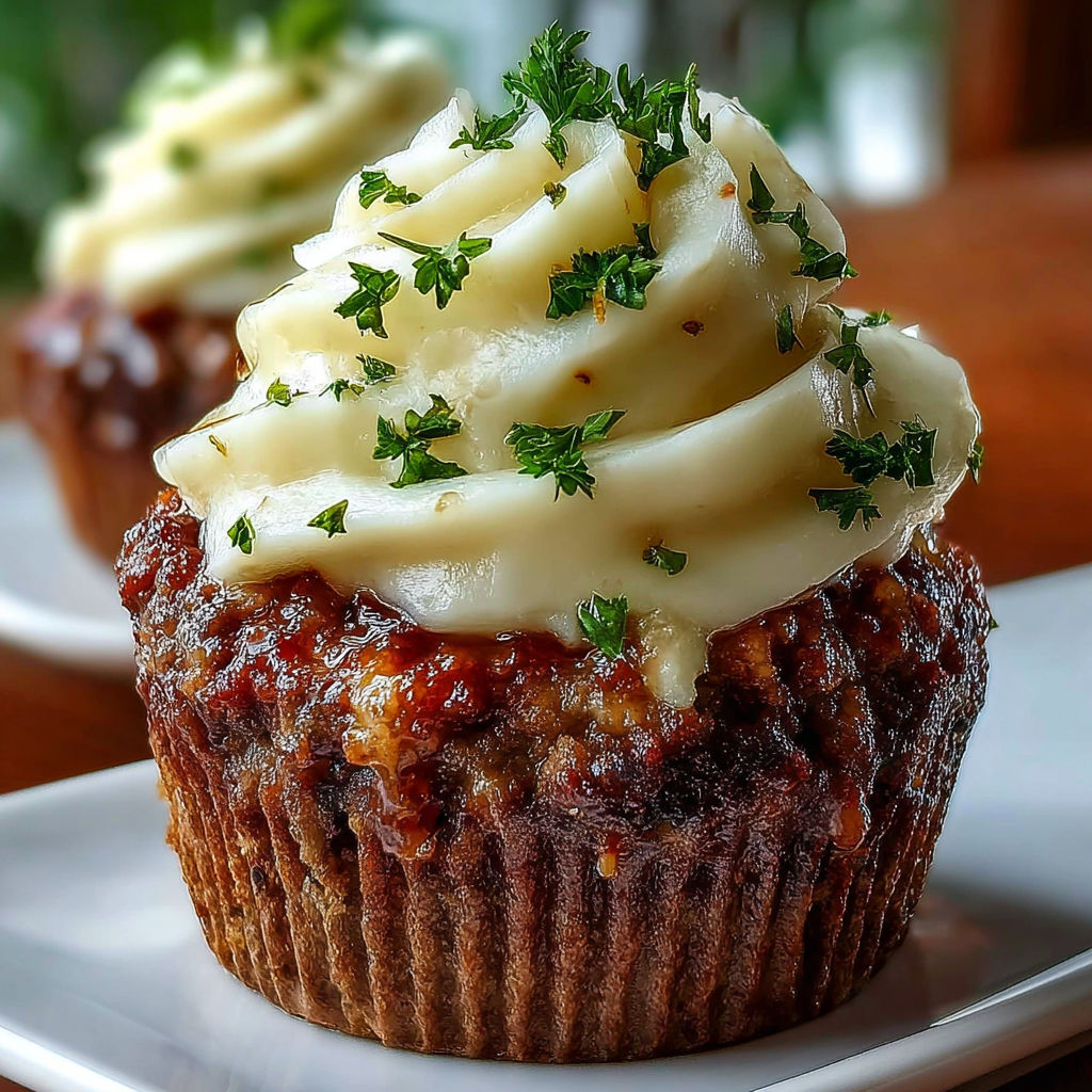 A cupcake with meatloaf and potato frosting.