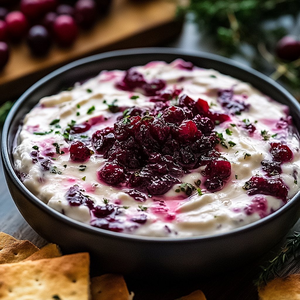 A bowl of cream cheese dip with cranberries and jalapenos.