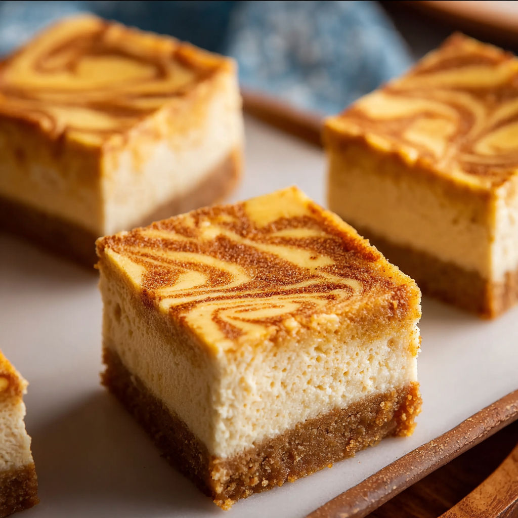 Pumpkin spice cheesecake bars on a plate.