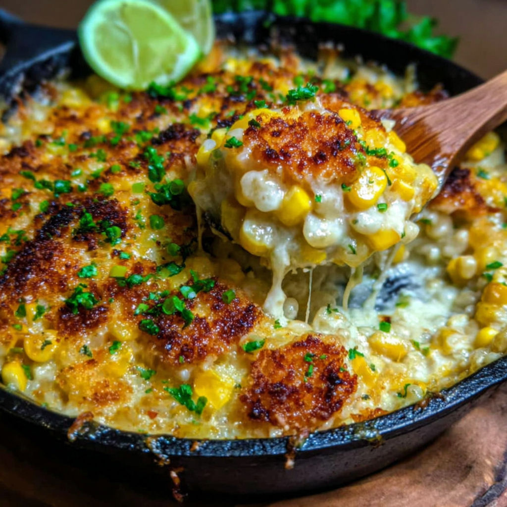 A close up of a delicious looking street corn chicken casserole.
