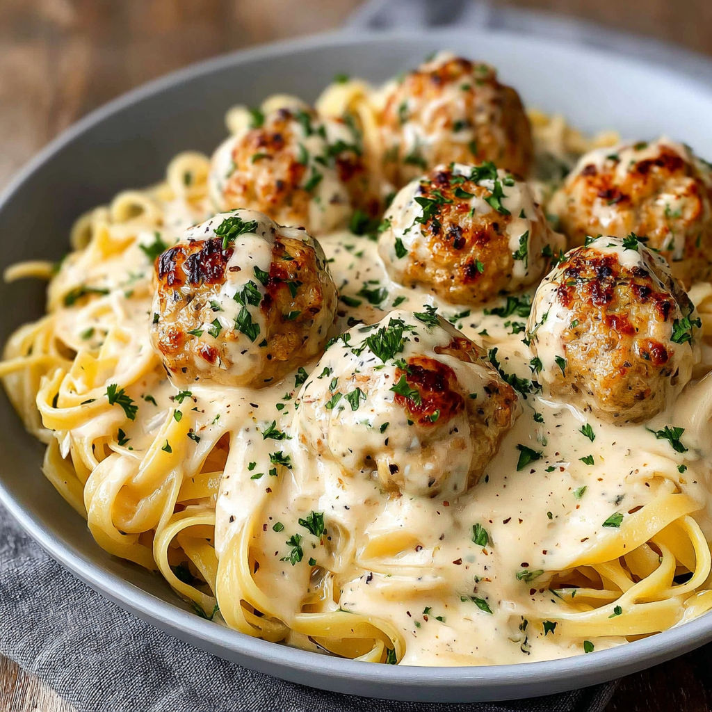 A bowl of pasta with garlic butter chicken balls and creamy parmesan sauce.