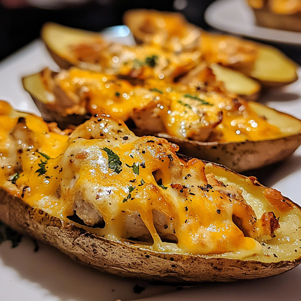 A plate of cheesy chicken potato skins.