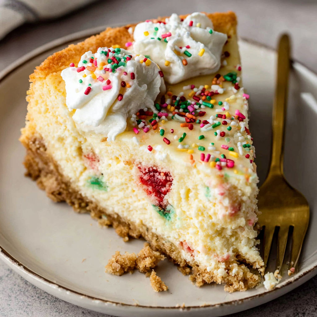 A slice of sugar cookie cheesecake with white whipped cream on top.