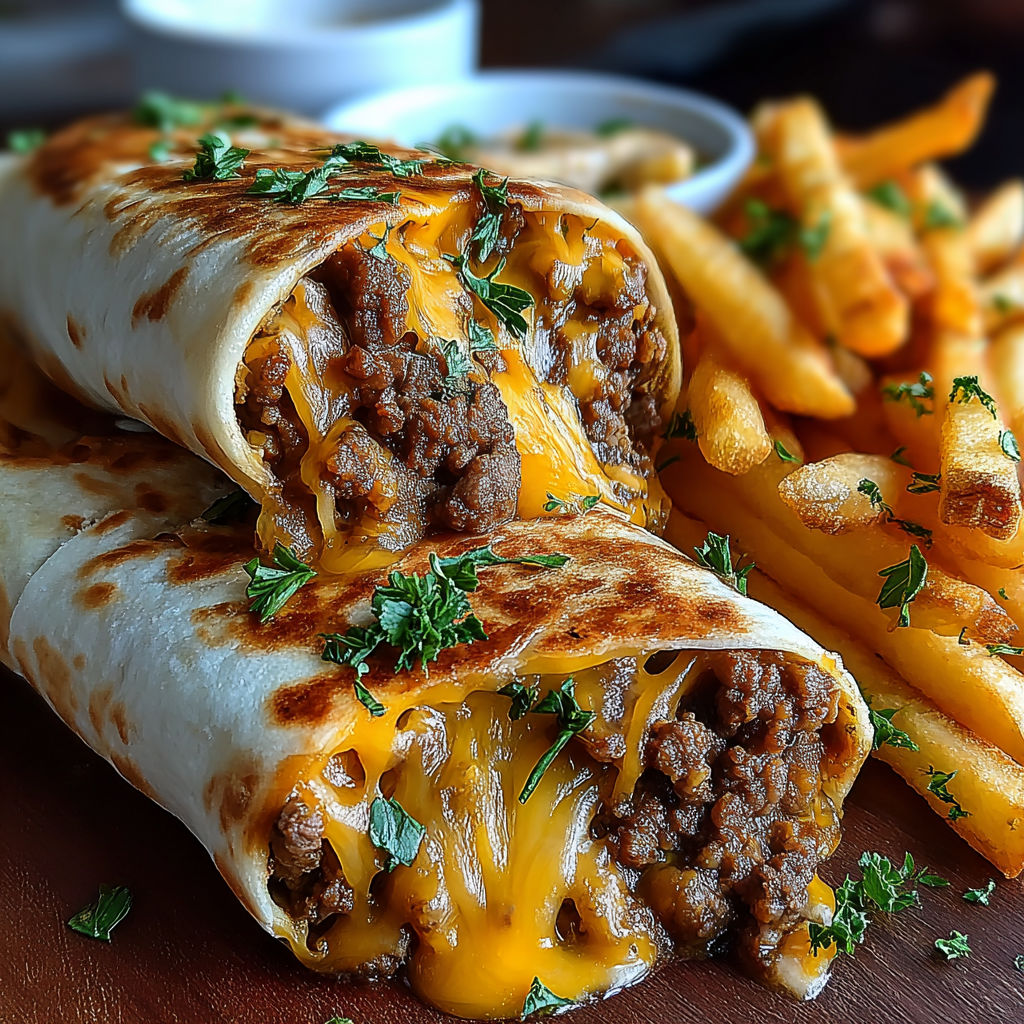 A plate of cheesy beef burritos and fries.