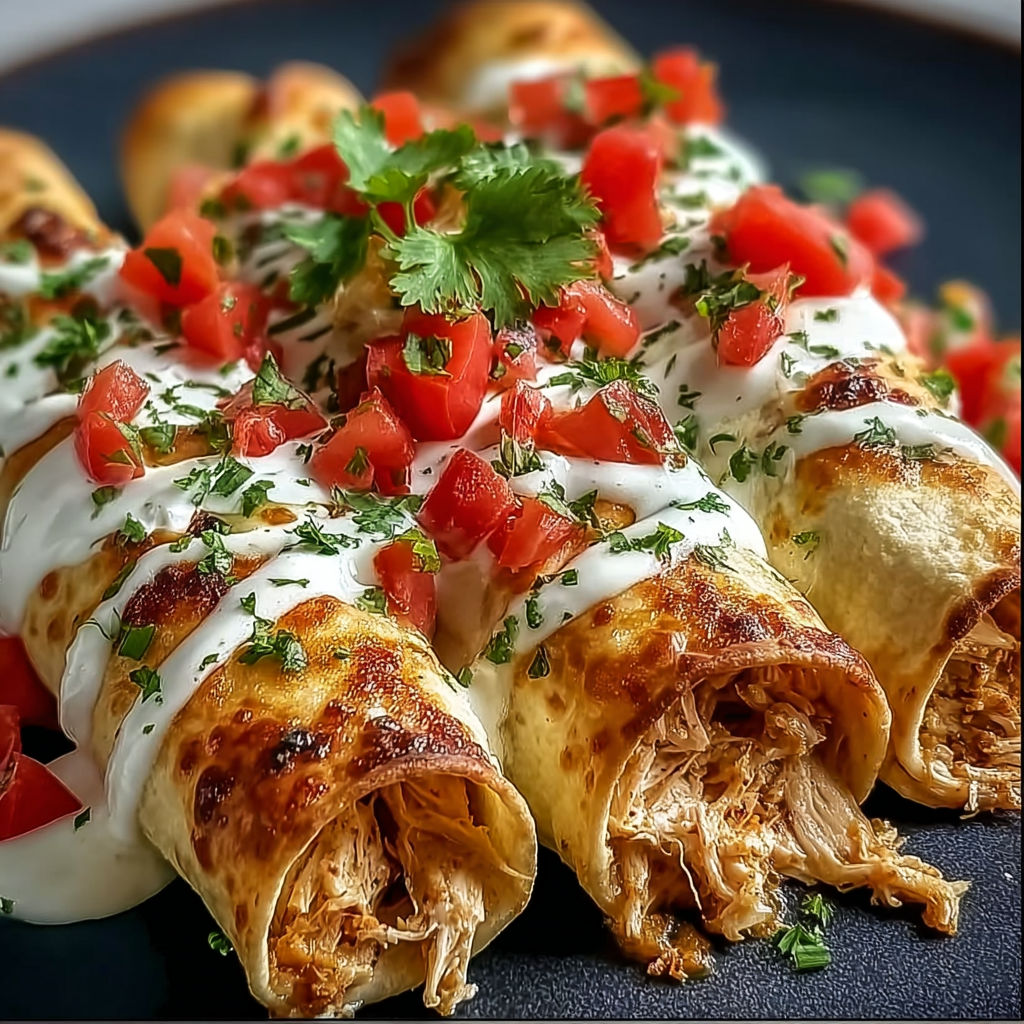 Baked cream cheese chicken taquitos with tomatoes and cilantro.